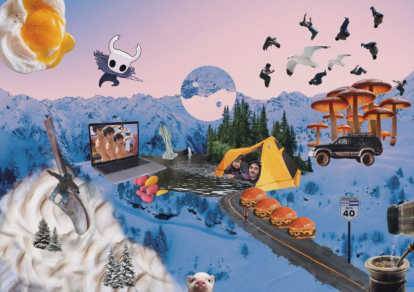 Surreal collage: snowy mountain landscape with a tiny town
