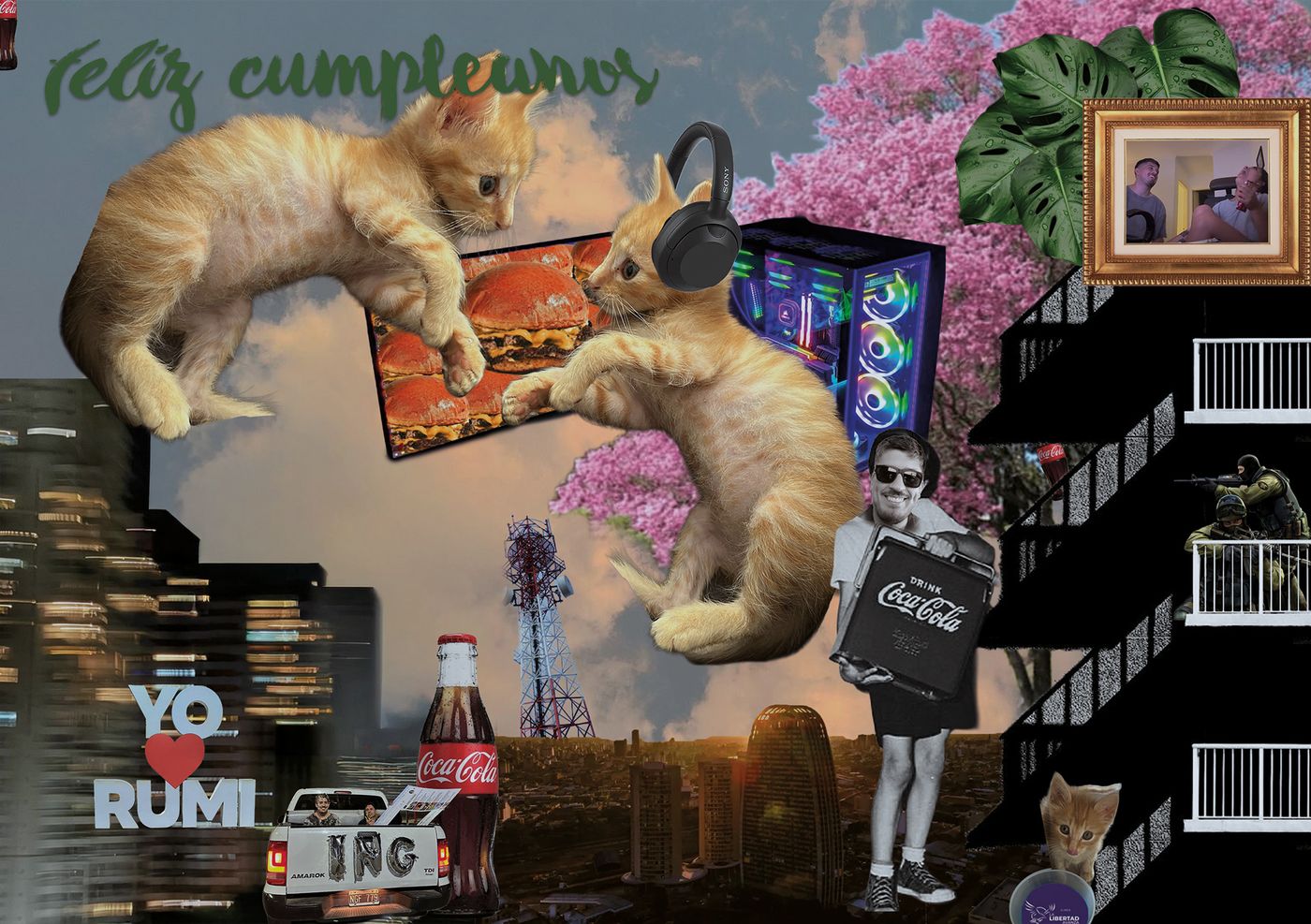 Surreal collage: cats, neon and a birthday