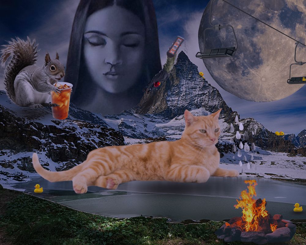 Surreal collage: moon, cat and mountains