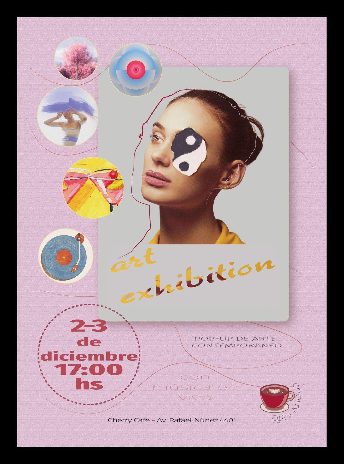 Art exhibition poster in pink with collage portrait