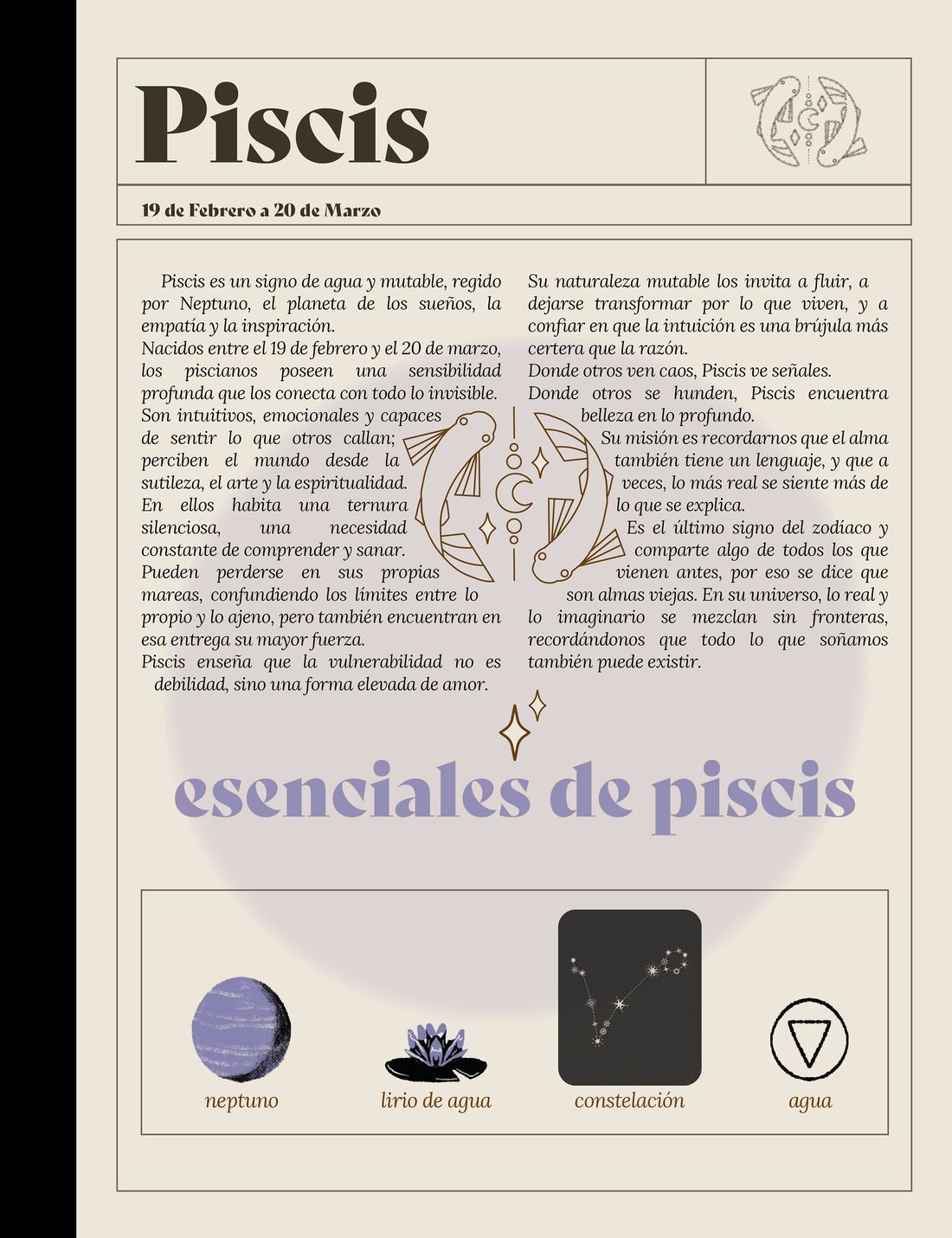 Piscis: editorial page for a zodiac guide