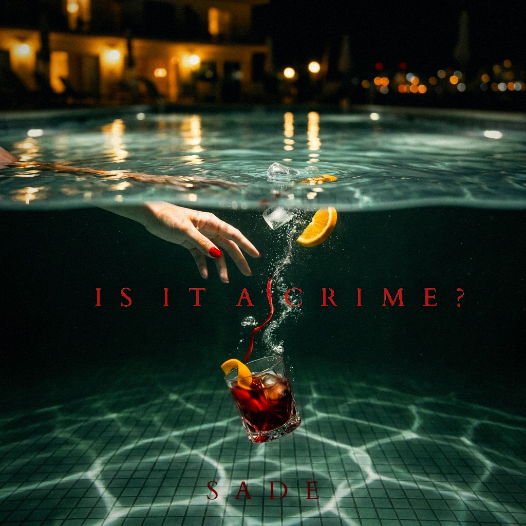 Album cover: a hand with red nails above the water of a pool at night, a negroni sinking with a slice of orange, the words Is it a crime? and Sade