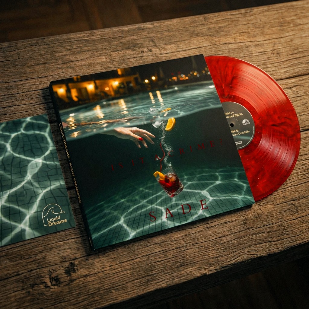 Vinyl mockup: the Is It a Crime? sleeve, a red marbled record and a pool-pattern insert on a wooden table