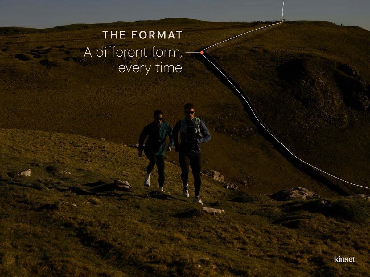 Slide 3: two runners on a hill path, the format, a different form every time