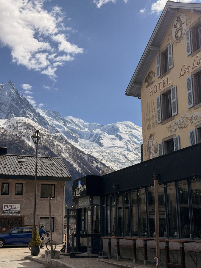 Chamonix: hotel facade and Mont Blanc