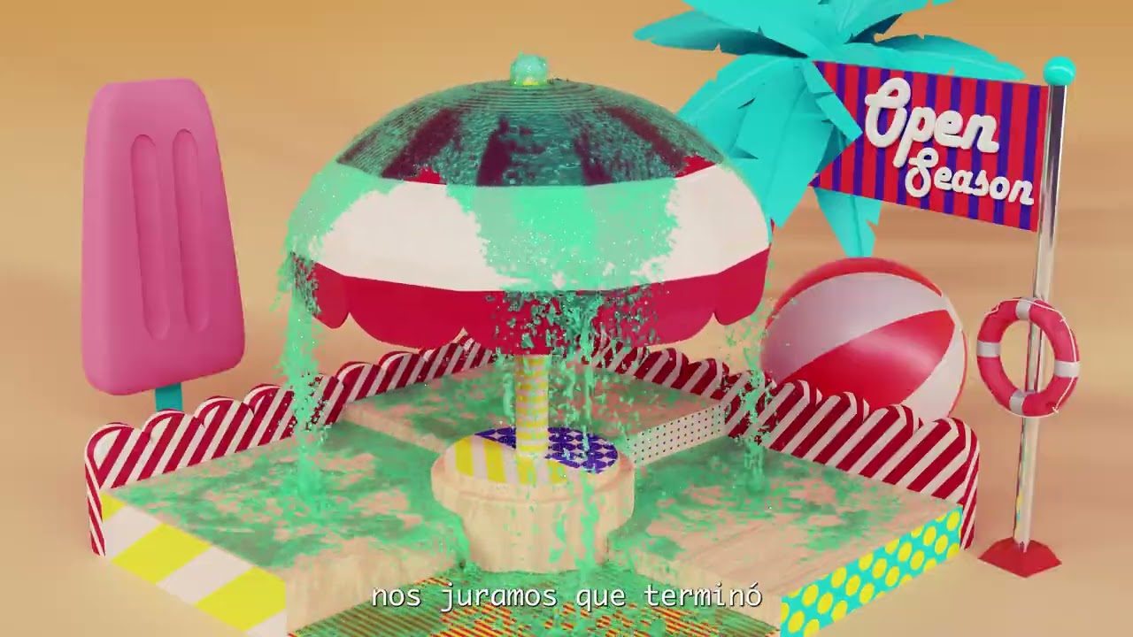 Song of the Summer visualizer: a 3D beach umbrella fountain with lyrics