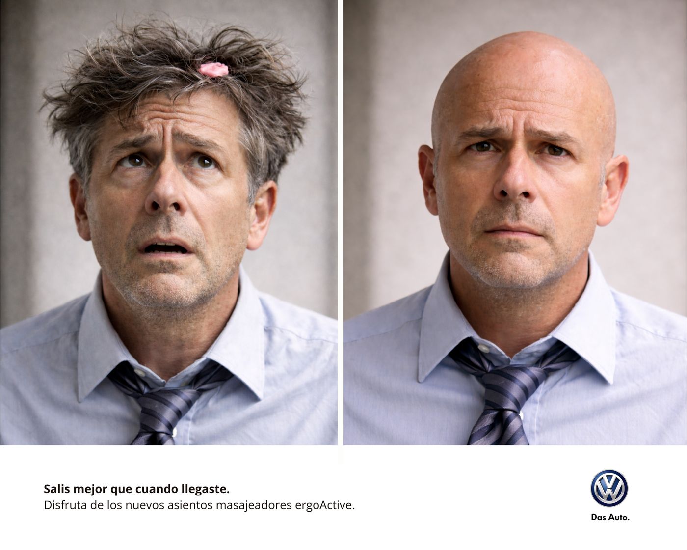 Diptych: messy-haired stressed man, then calm and bald