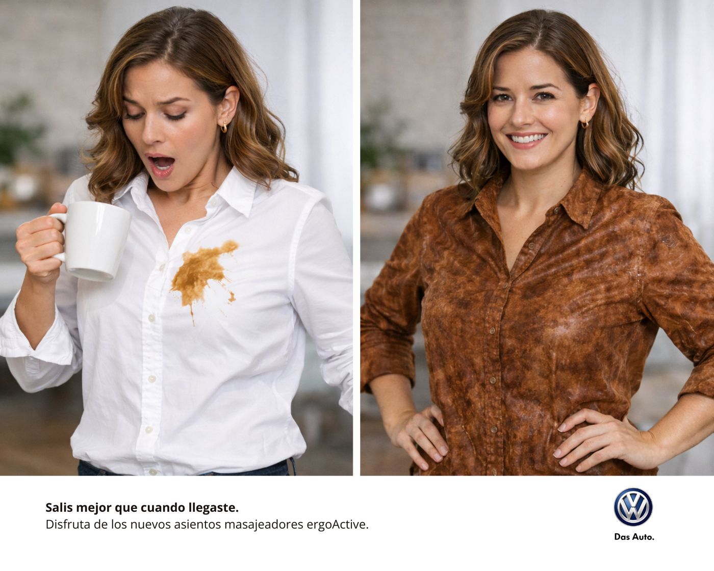 Diptych: coffee spilled on a white shirt, then a brown shirt
